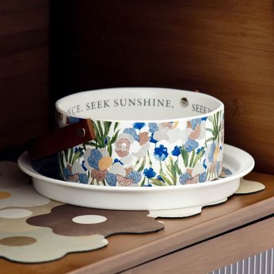 Flower Design Bamboo Handle Ceramic Fruit Plates For Party Occasion Serving Bowl