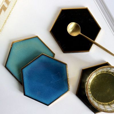 Luxury Custom Ceramic Coasters Hexagon Glass Wine Cup Pad Gold Rim Mat Waterproof Heat Insulated