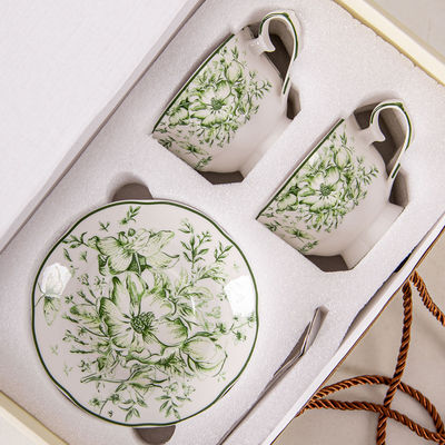 Business Gifts Occasion Ceramic Green Floral Bone Tea Cup Set With Saucer And Coffee Mug