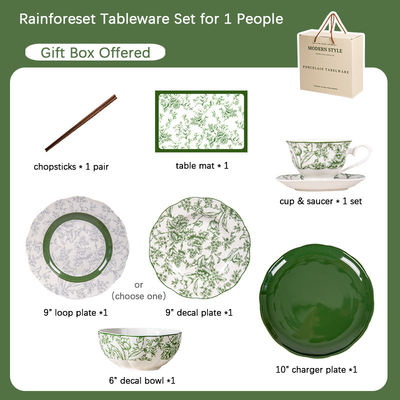 Sustainable Light Green Ceramic Dinnerware Set With Water Proof Flower Placemat