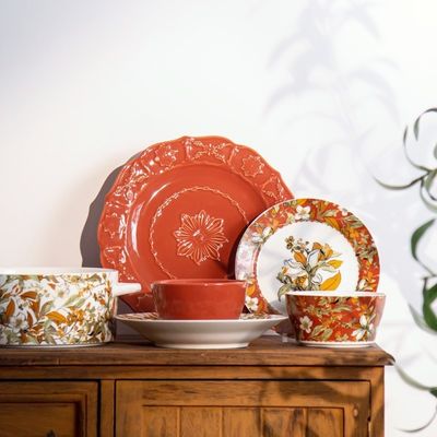 Orange Porcelain Floral Dinner Plates Set in Retro Turkish Style with Vintage Ceramic