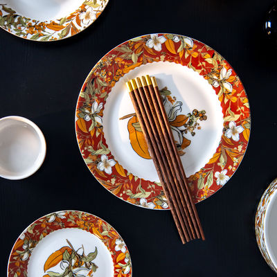 Orange Porcelain Floral Dinner Plates Set in Retro Turkish Style with Vintage Ceramic