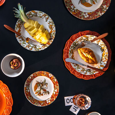 Orange Porcelain Floral Dinner Plates Set in Retro Turkish Style with Vintage Ceramic