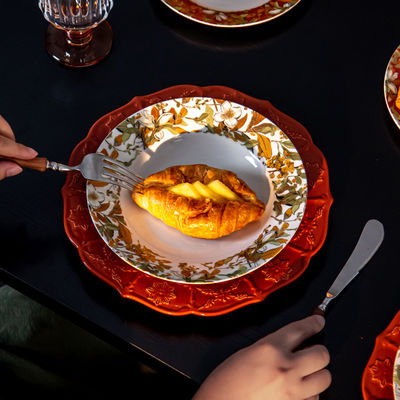Orange Porcelain Floral Dinner Plates Set in Retro Turkish Style with Vintage Ceramic