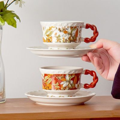 Business Gifts Ceramic Floral Cup Set Gift Box Porcelain Irregular Mug And Saucer White