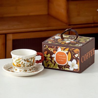 Business Gifts Ceramic Floral Cup Set Gift Box Porcelain Irregular Mug And Saucer White