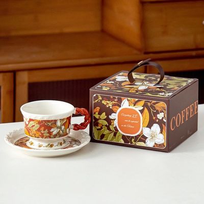 Business Gifts Ceramic Floral Cup Set Gift Box Porcelain Irregular Mug And Saucer White