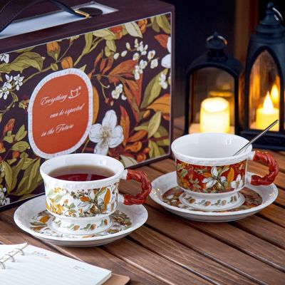 Business Gifts Ceramic Floral Cup Set Gift Box Porcelain Irregular Mug And Saucer White