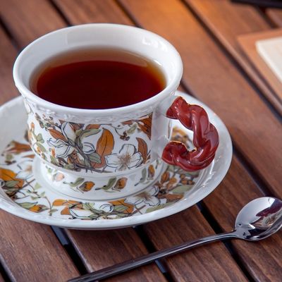 Business Gifts Ceramic Floral Cup Set Gift Box Porcelain Irregular Mug And Saucer White