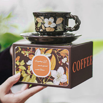 Eco Friendly Drinkware Ceramic Tea Cup Set Gift Box With Brown Porcelain Flower Design