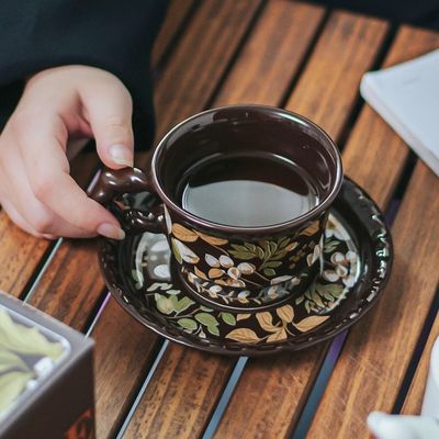 Eco Friendly Drinkware Ceramic Tea Cup Set Gift Box With Brown Porcelain Flower Design