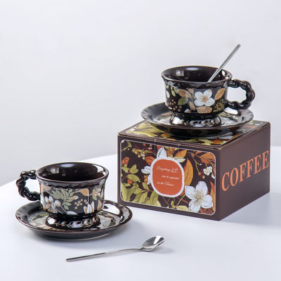 Eco Friendly Drinkware Ceramic Tea Cup Set Gift Box With Brown Porcelain Flower Design