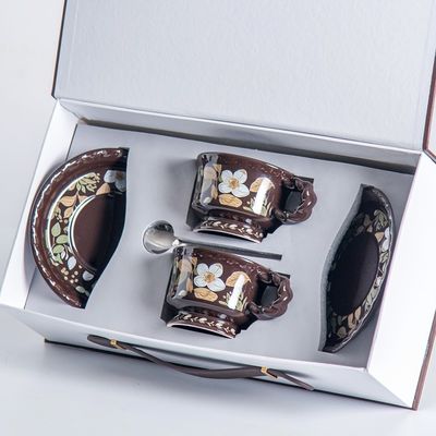 Eco Friendly Drinkware Ceramic Tea Cup Set Gift Box With Brown Porcelain Flower Design