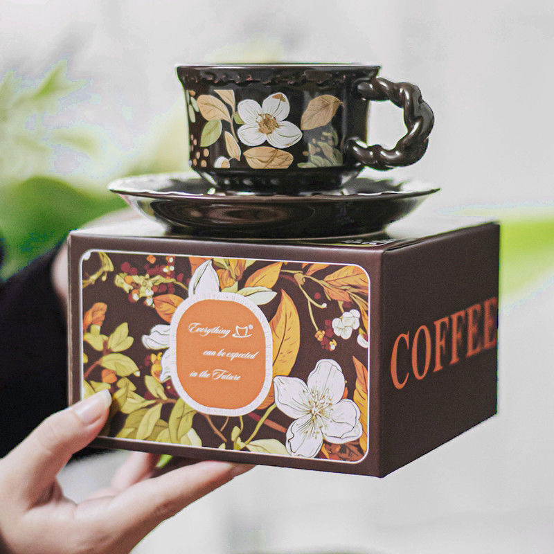 Eco Friendly Drinkware Ceramic Tea Cup Set Gift Box With Brown Porcelain Flower Design